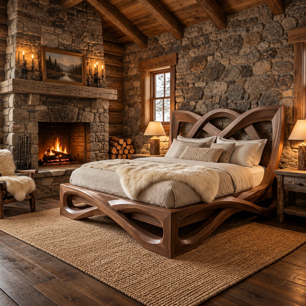 Contemporary Wooden Bed Frame With Interlaced Ribbon Loops For Bedroom