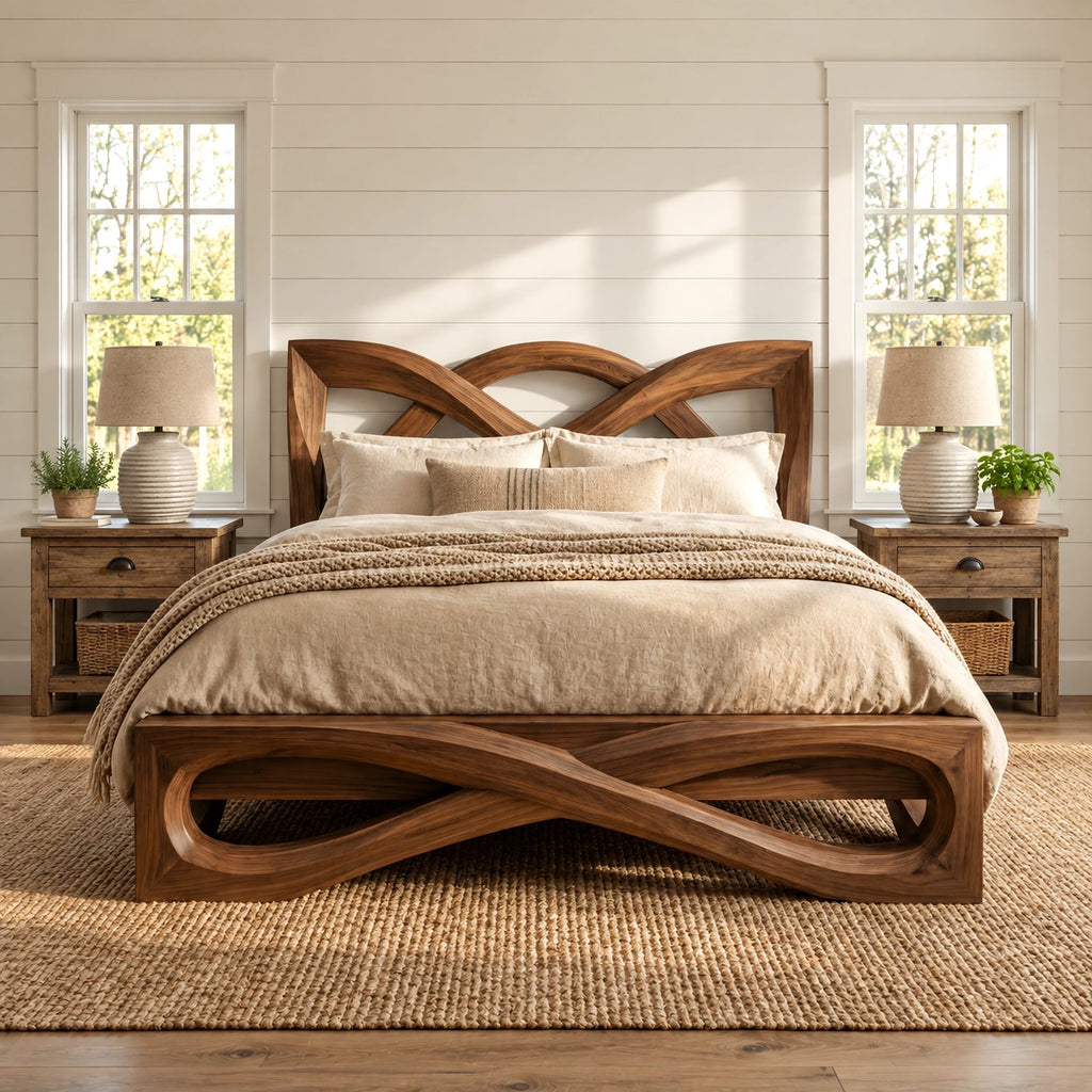 Contemporary Wooden Bed Frame With Interlaced Ribbon Loops For Bedroom