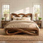 Contemporary Wooden Bed Frame With Interlaced Ribbon Loops For Bedroom