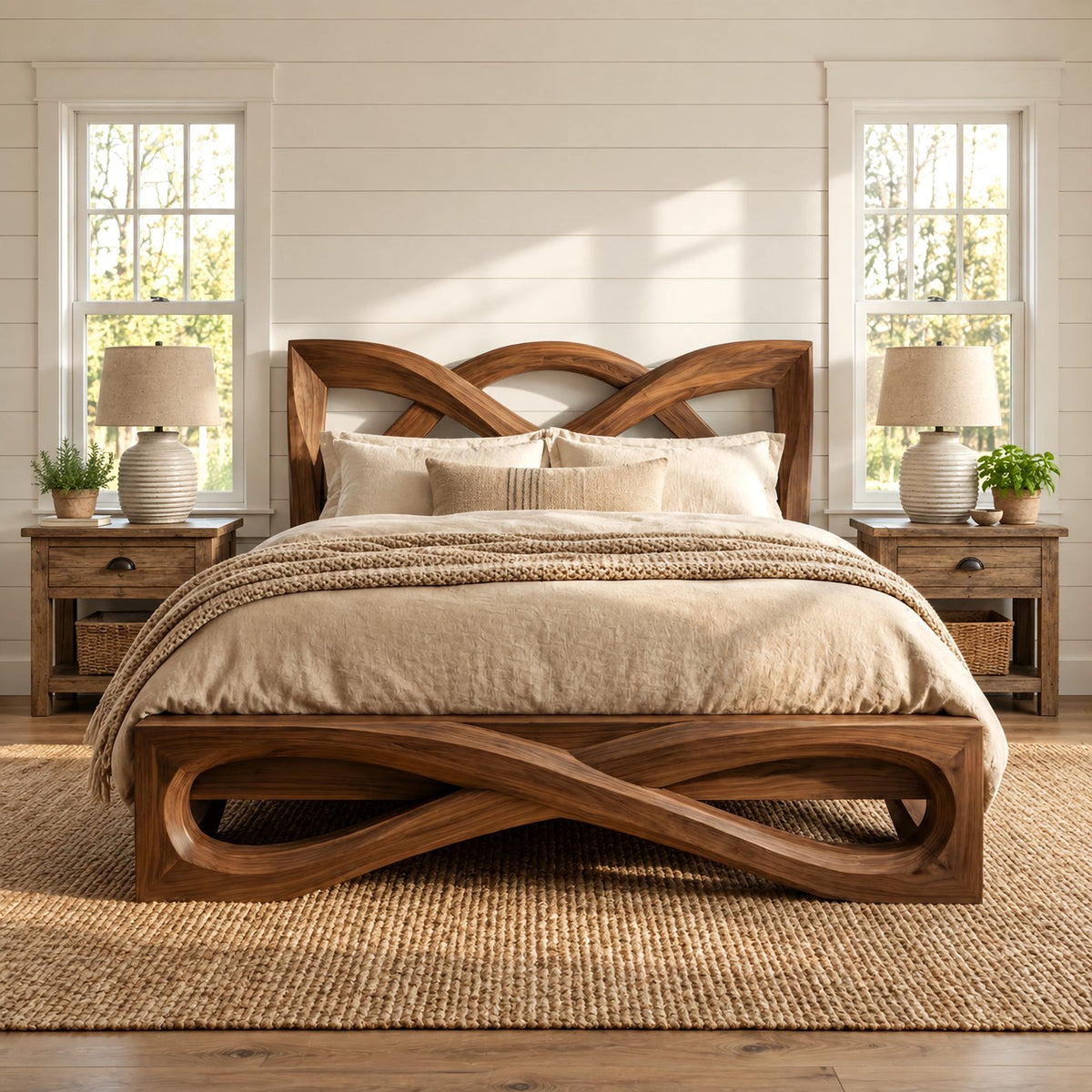 Contemporary Wooden Bed Frame With Interlaced Ribbon Loops For Bedroom