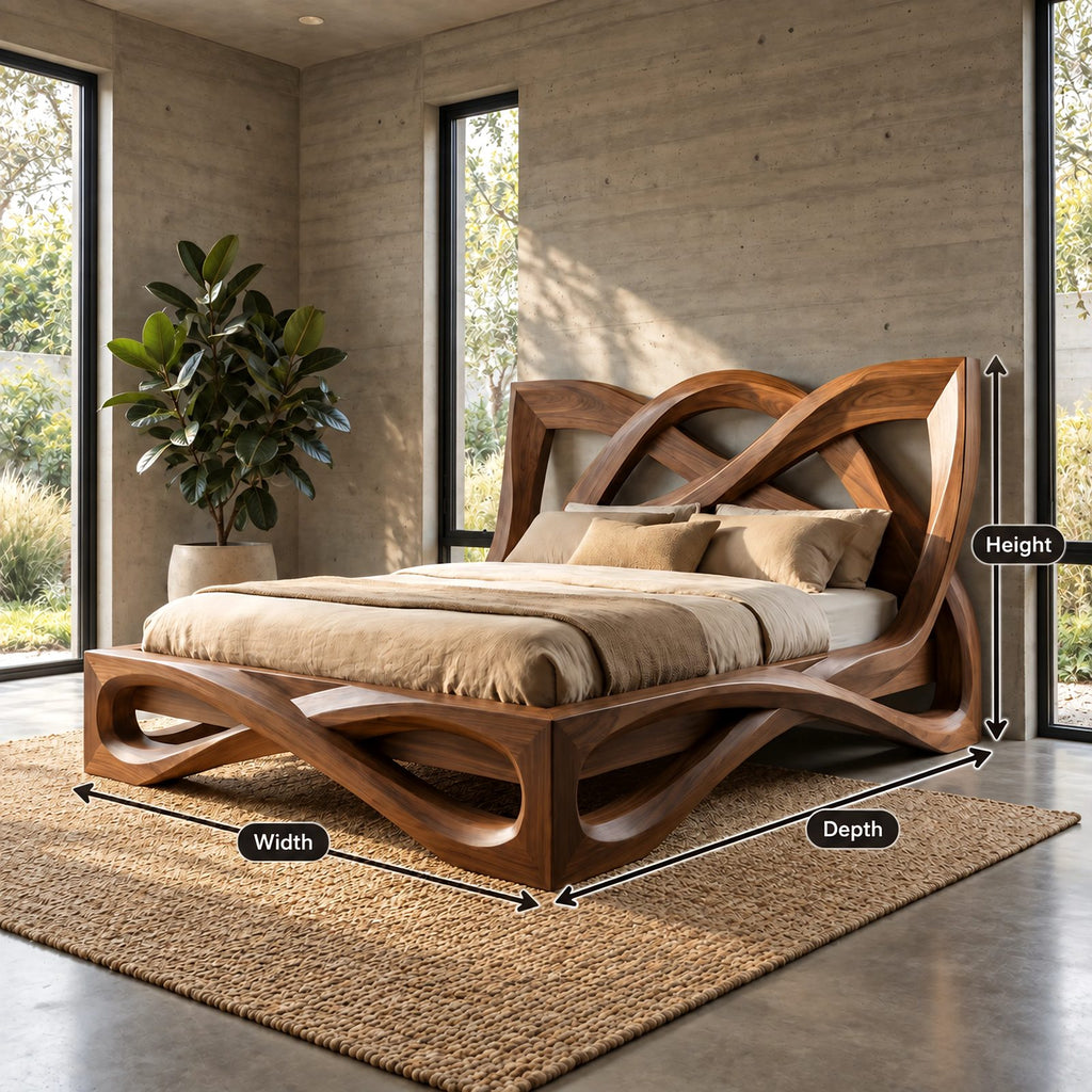 Contemporary Wooden Bed Frame With Interlaced Ribbon Loops For Bedroom