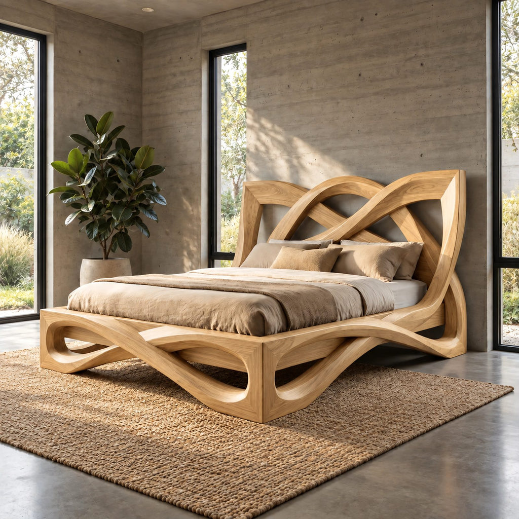 Contemporary Wooden Bed Frame With Interlaced Ribbon Loops For Bedroom