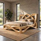 Contemporary Wooden Bed Frame With Interlaced Ribbon Loops For Bedroom