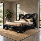 Contemporary Wooden Bed Frame With Interlaced Ribbon Loops For Bedroom
