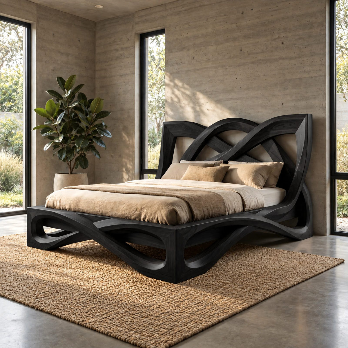 Contemporary Wooden Bed Frame With Interlaced Ribbon Loops For Bedroom