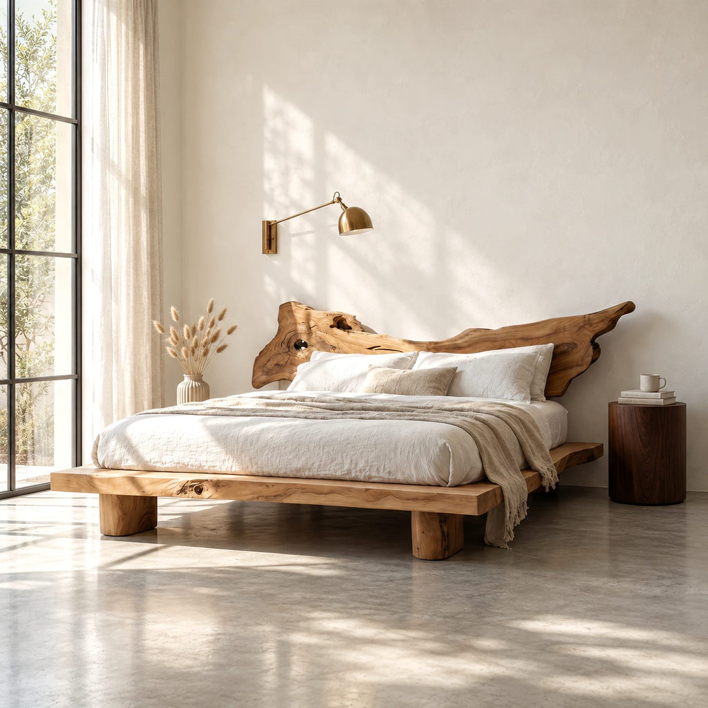Boho Live Edge Platform Bed With Winged Slab Headboard For Bedroom