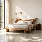 Boho Live Edge Platform Bed With Winged Slab Headboard For Bedroom