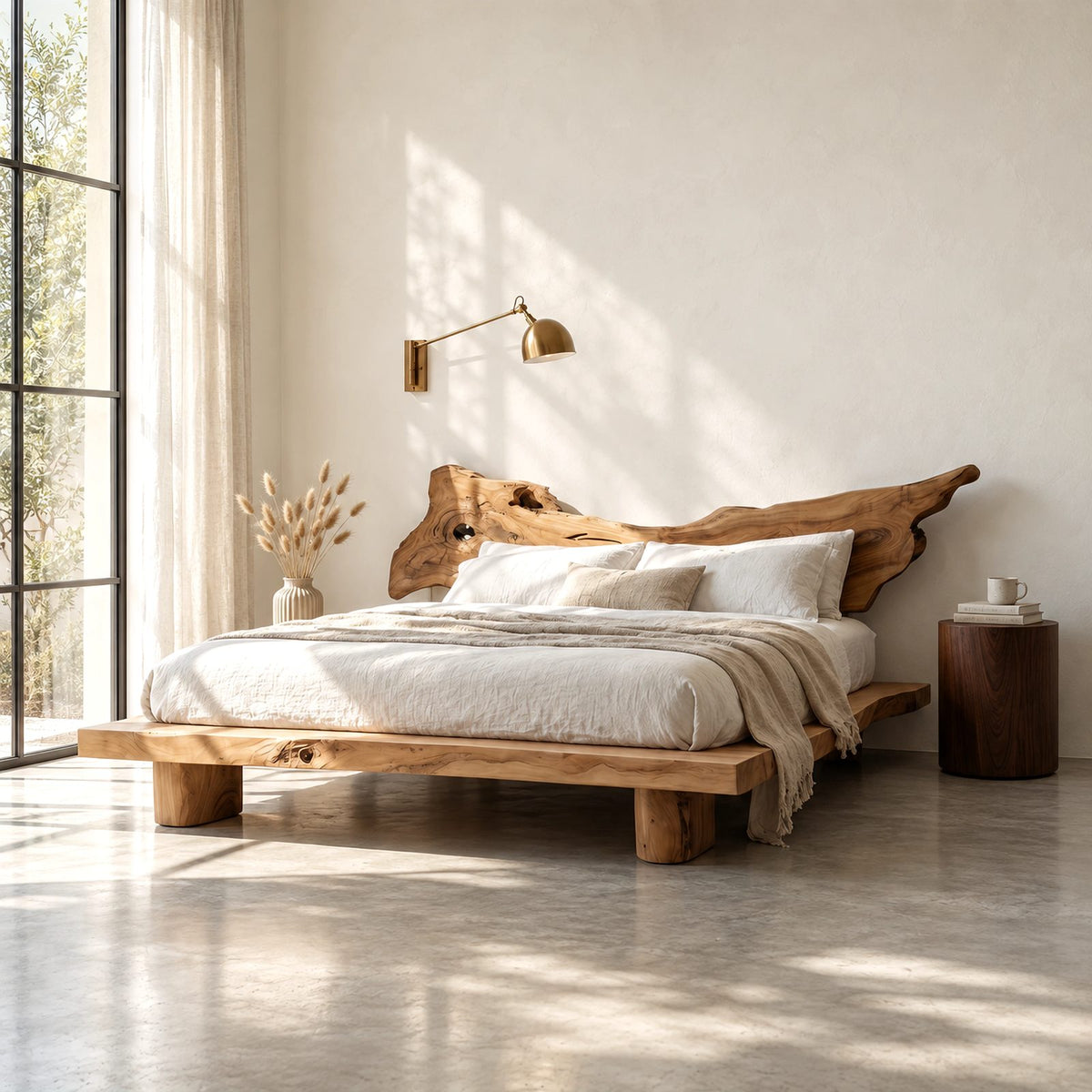 Boho Live Edge Platform Bed With Winged Slab Headboard For Bedroom