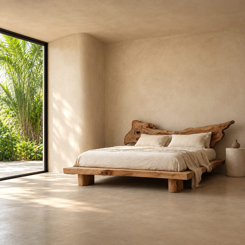 Boho Live Edge Platform Bed With Winged Slab Headboard For Bedroom