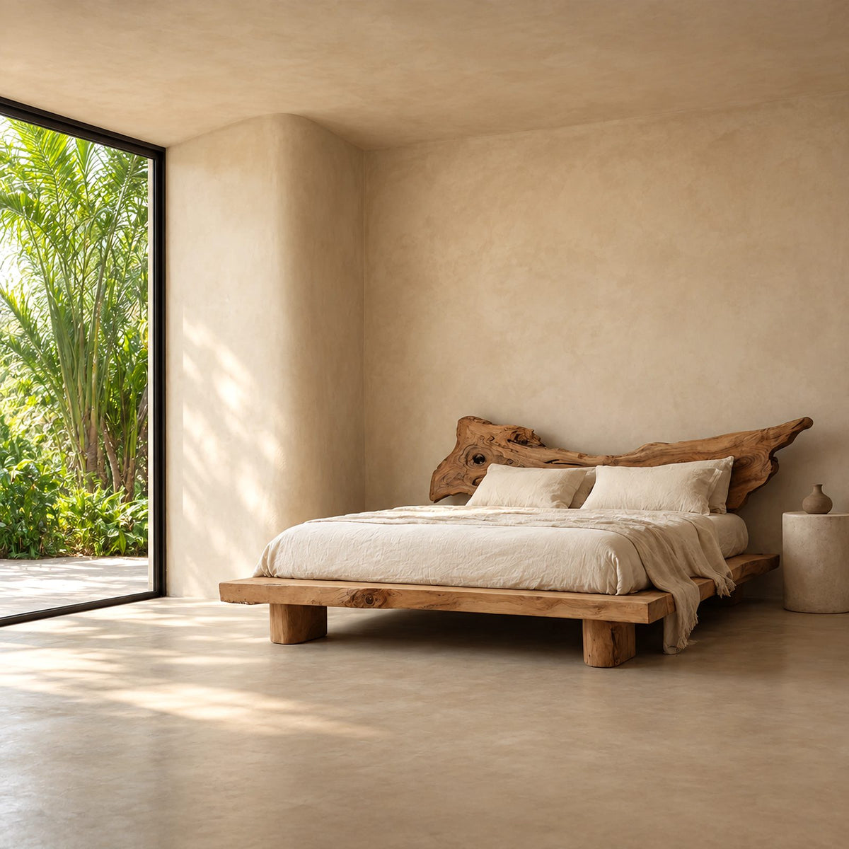 Boho Live Edge Platform Bed With Winged Slab Headboard For Bedroom