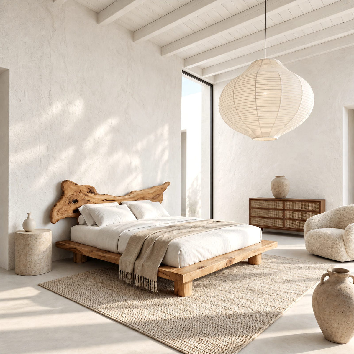 Boho Live Edge Platform Bed With Winged Slab Headboard For Bedroom