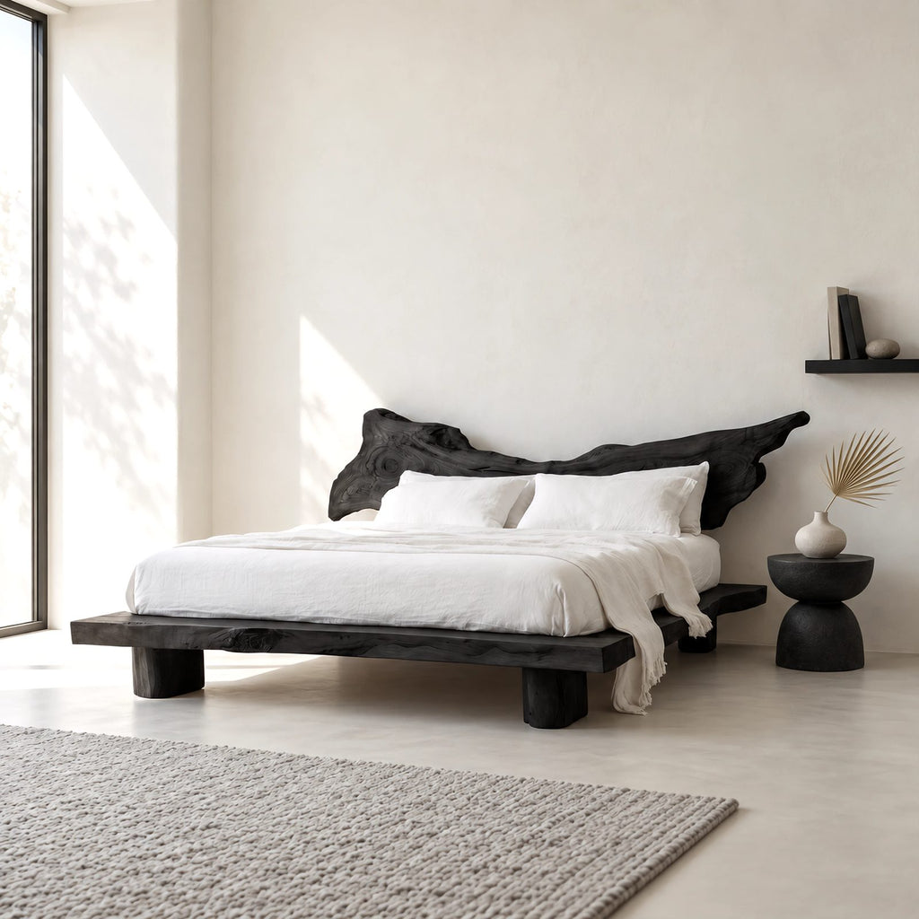 Boho Live Edge Platform Bed With Winged Slab Headboard For Bedroom