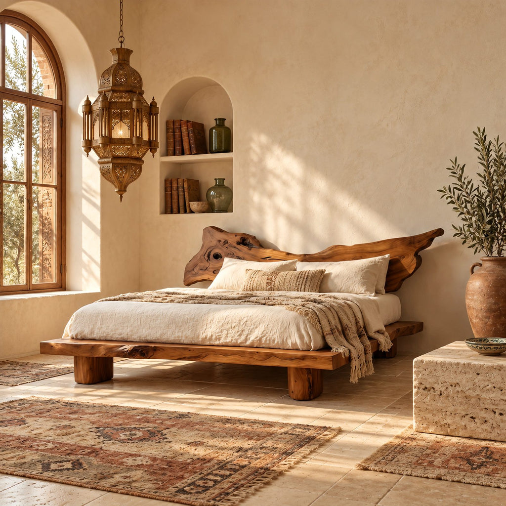 Boho Live Edge Platform Bed With Winged Slab Headboard For Bedroom