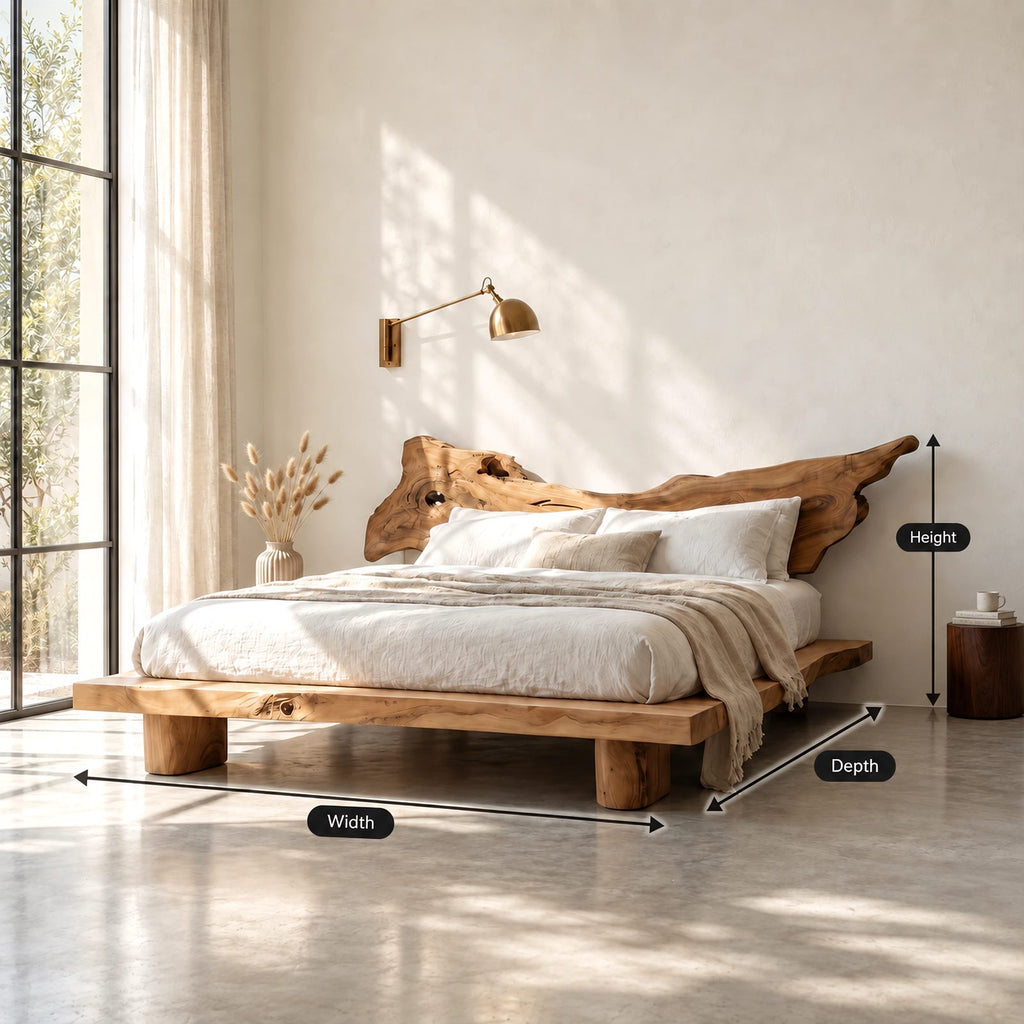 Boho Live Edge Platform Bed With Winged Slab Headboard For Bedroom