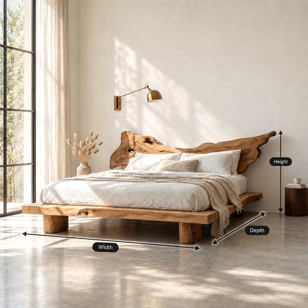 Boho Live Edge Platform Bed With Winged Slab Headboard For Bedroom