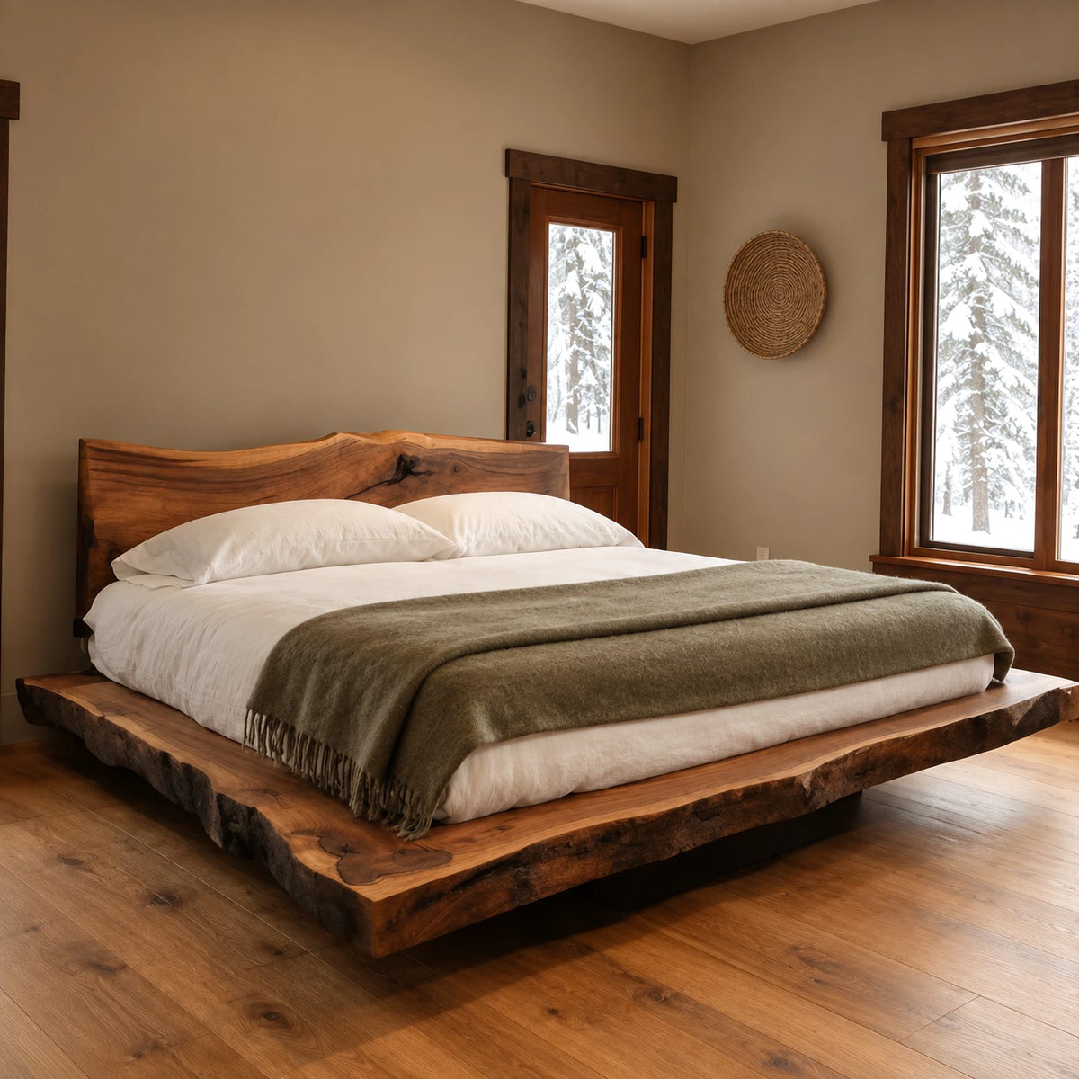 Cabin Style Floating Bed Frame With Live Edge Slab Platform For Bedroom
