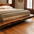 Cabin Style Floating Bed Frame With Live Edge Slab Platform For Bedroom