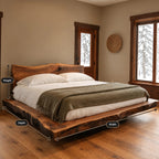 Cabin Style Floating Bed Frame With Live Edge Slab Platform For Bedroom