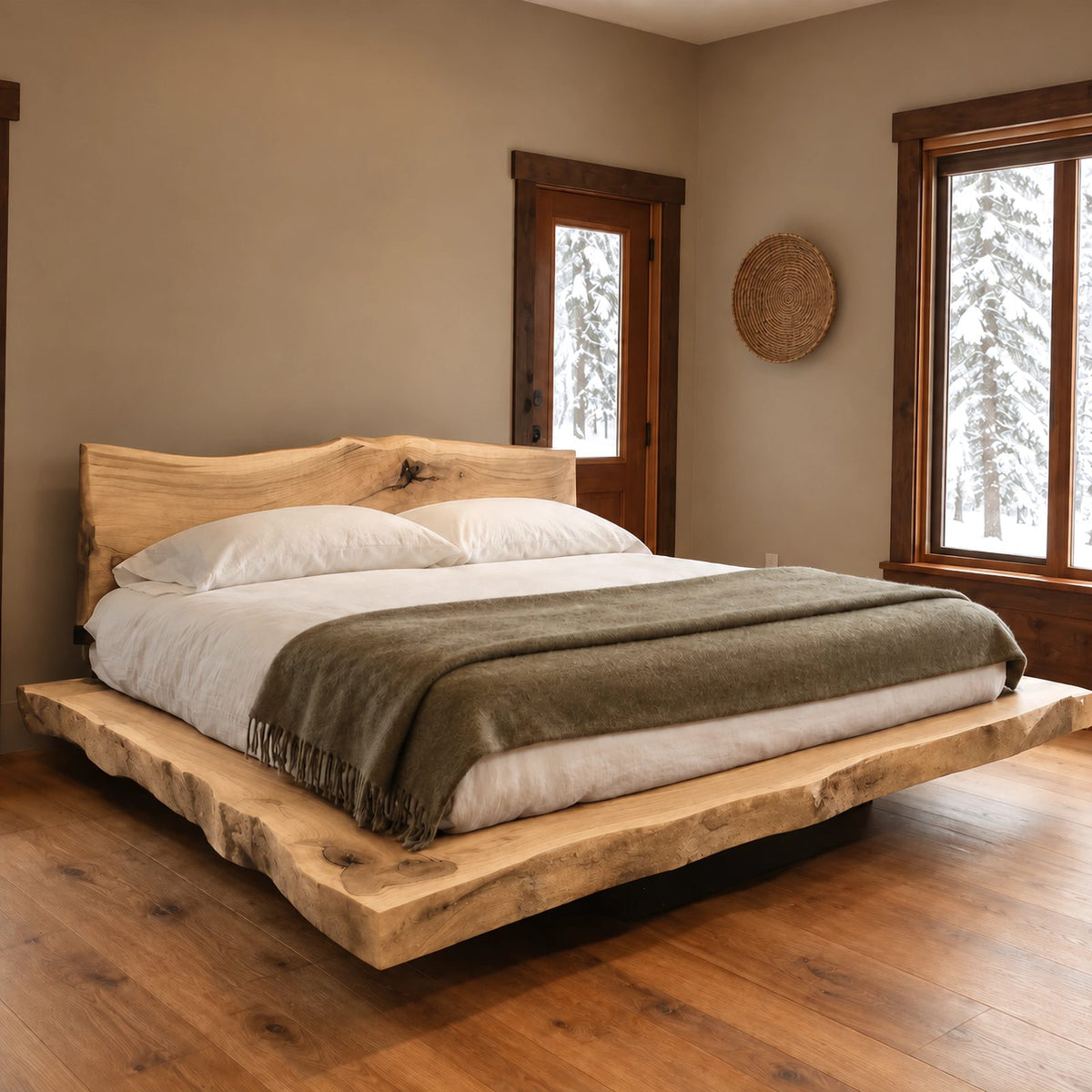 Cabin Style Floating Bed Frame With Live Edge Slab Platform For Bedroom
