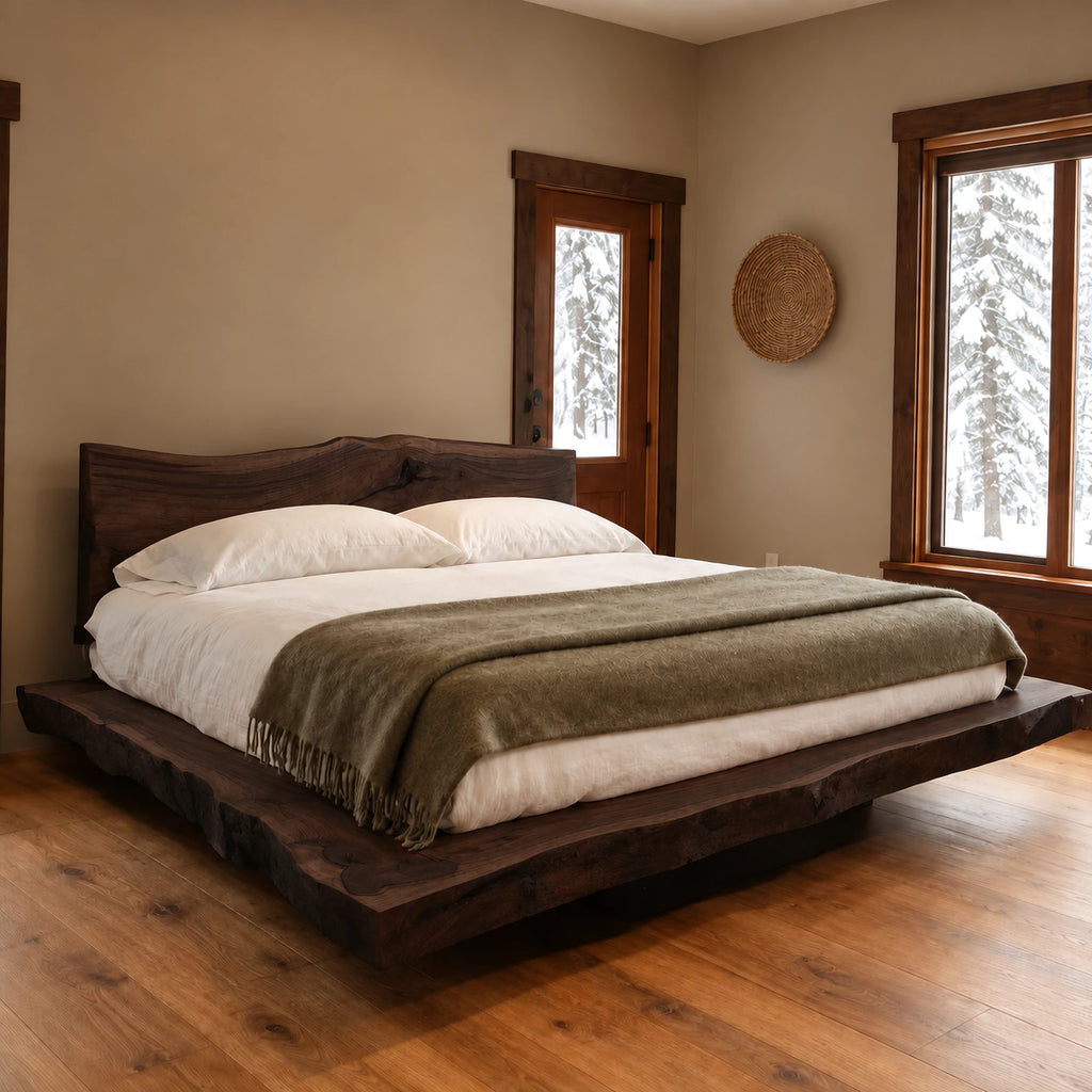 Cabin Style Floating Bed Frame With Live Edge Slab Platform For Bedroom