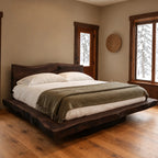 Cabin Style Floating Bed Frame With Live Edge Slab Platform For Bedroom