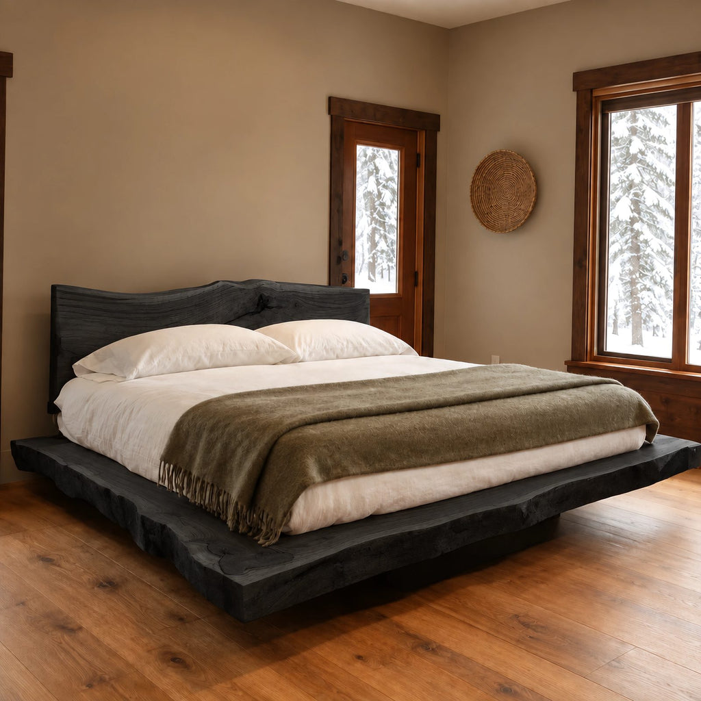 Cabin Style Floating Bed Frame With Live Edge Slab Platform For Bedroom