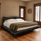 Cabin Style Floating Bed Frame With Live Edge Slab Platform For Bedroom