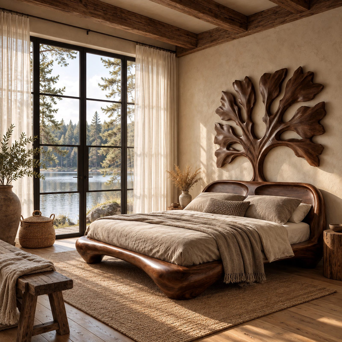 Artistic Wooden Bed Frame With Carved Tree Of Life Headboard For Bedroom