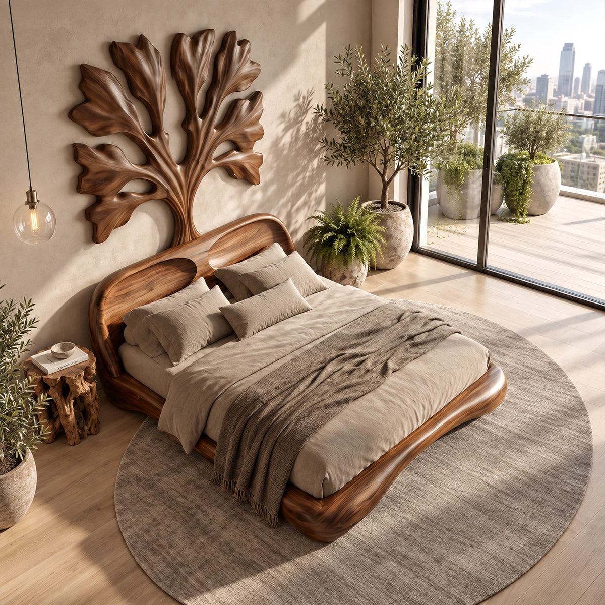 Artistic Wooden Bed Frame With Carved Tree Of Life Headboard For Bedroom