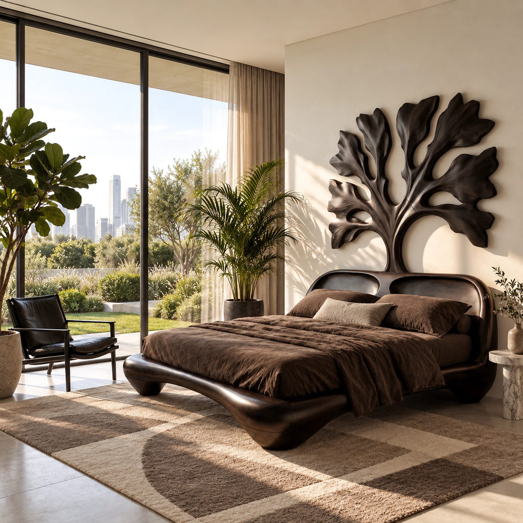 Artistic Wooden Bed Frame With Carved Tree Of Life Headboard For Bedroom