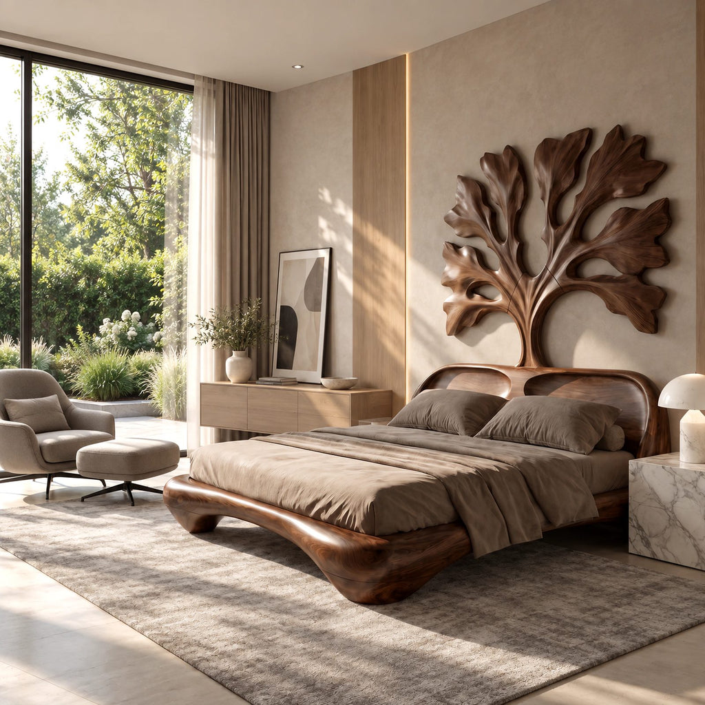 Artistic Wooden Bed Frame With Carved Tree Of Life Headboard For Bedroom