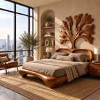 Artistic Wooden Bed Frame With Carved Tree Of Life Headboard For Bedroom