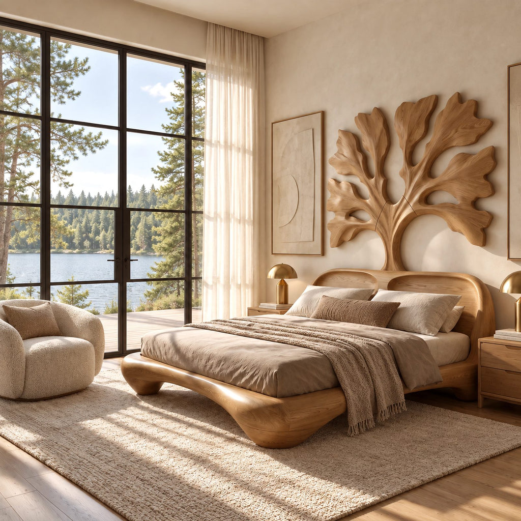 Artistic Wooden Bed Frame With Carved Tree Of Life Headboard For Bedroom