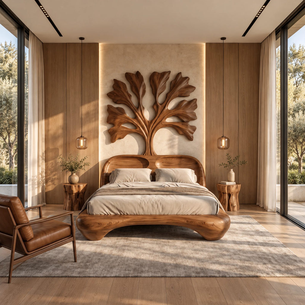 Artistic Wooden Bed Frame With Carved Tree Of Life Headboard For Bedroom