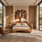 Artistic Wooden Bed Frame With Carved Tree Of Life Headboard For Bedroom