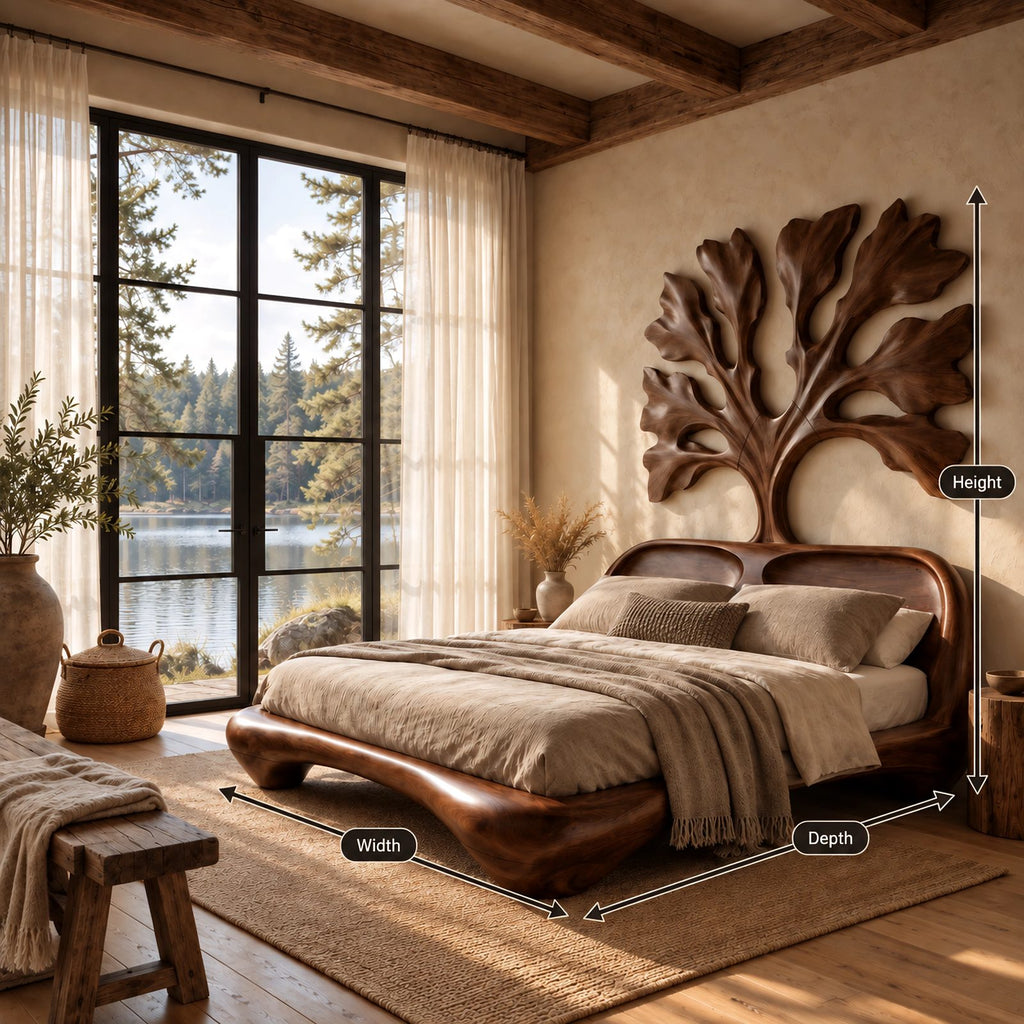 Artistic Wooden Bed Frame With Carved Tree Of Life Headboard For Bedroom