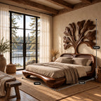 Artistic Wooden Bed Frame With Carved Tree Of Life Headboard For Bedroom