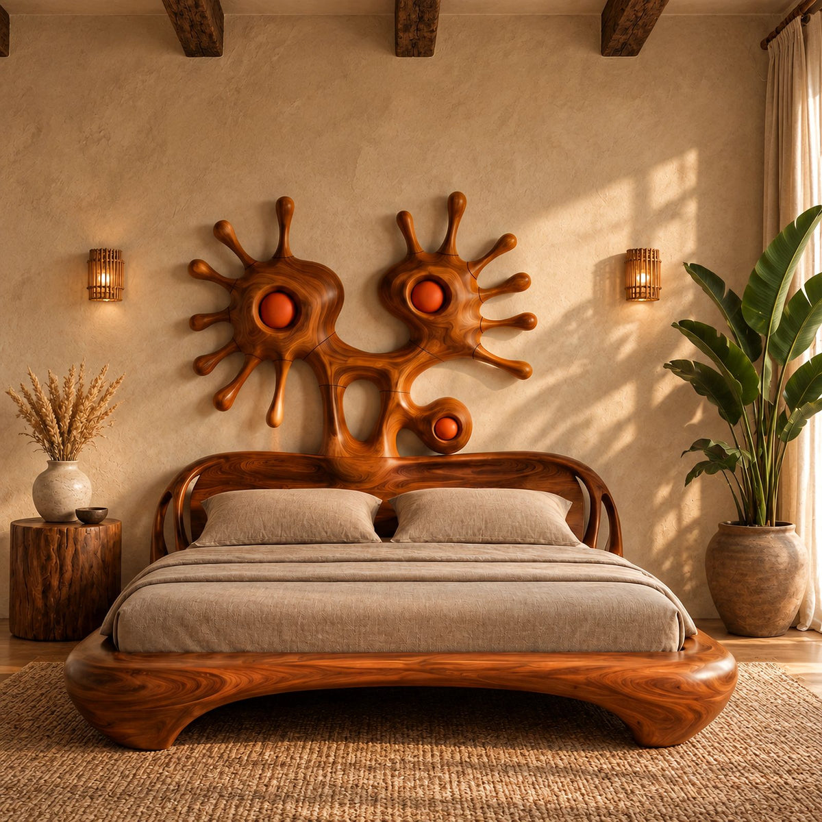 Abstract Sculptural Bed Frame With Sunburst Art Headboard For Bedroom