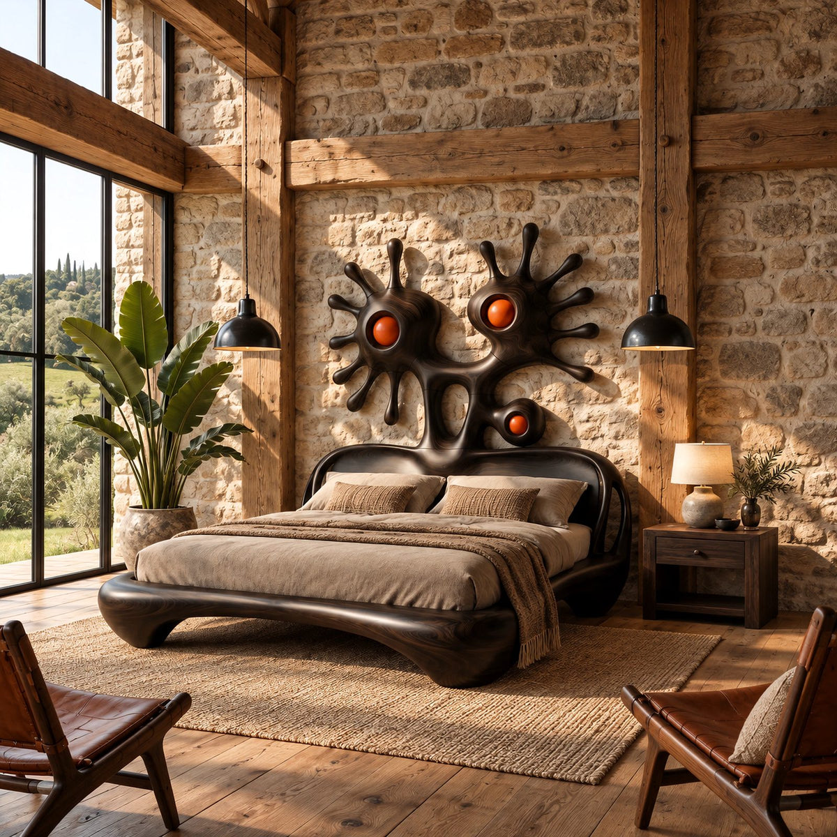 Abstract Sculptural Bed Frame With Sunburst Art Headboard For Bedroom