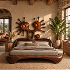 Abstract Sculptural Bed Frame With Sunburst Art Headboard For Bedroom