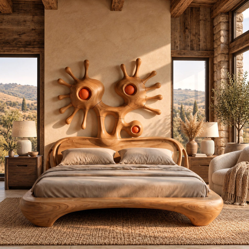 Abstract Sculptural Bed Frame With Sunburst Art Headboard For Bedroom