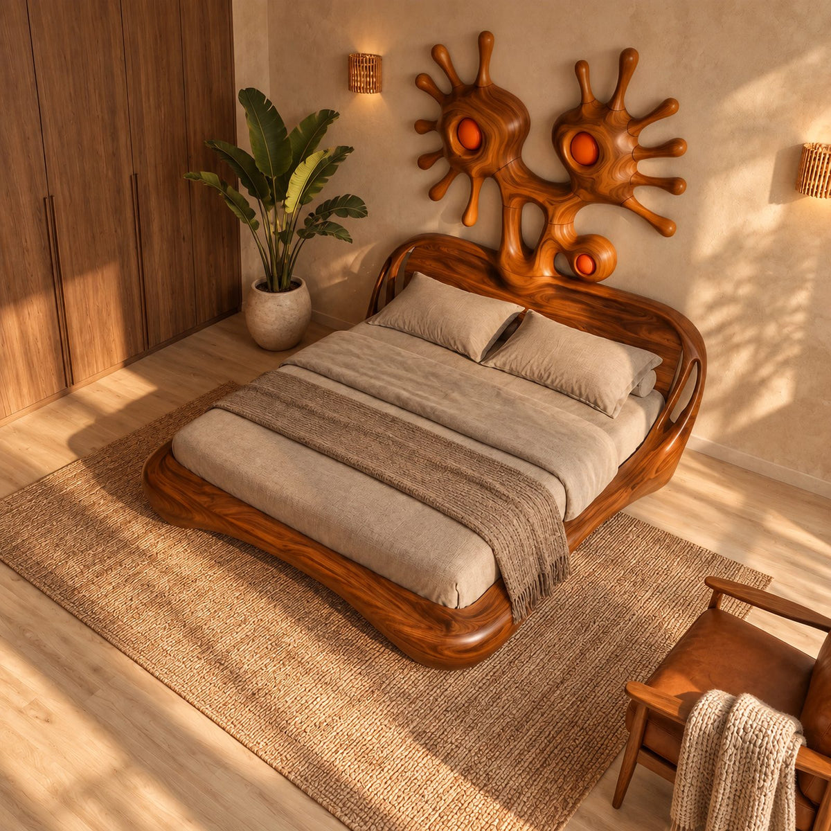 Abstract Sculptural Bed Frame With Sunburst Art Headboard For Bedroom