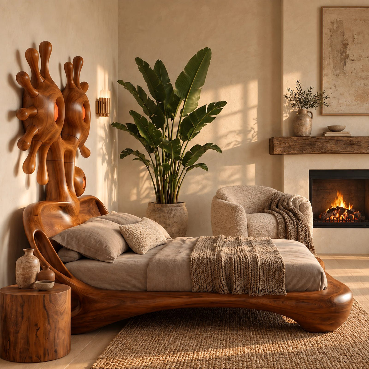 Abstract Sculptural Bed Frame With Sunburst Art Headboard For Bedroom
