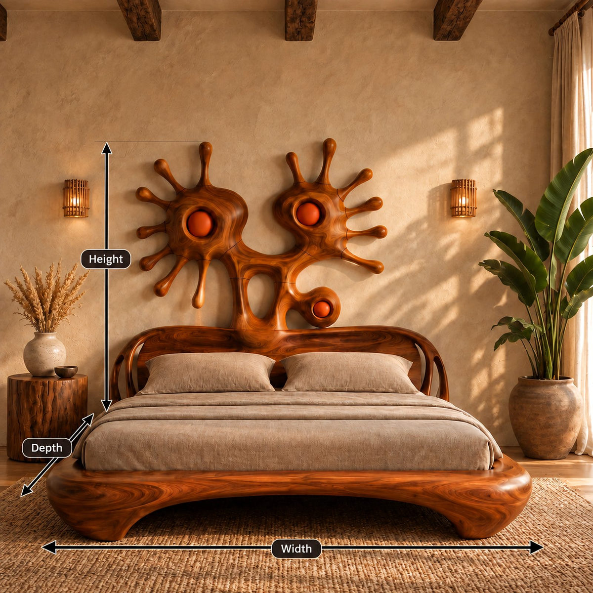 Abstract Sculptural Bed Frame With Sunburst Art Headboard For Bedroom