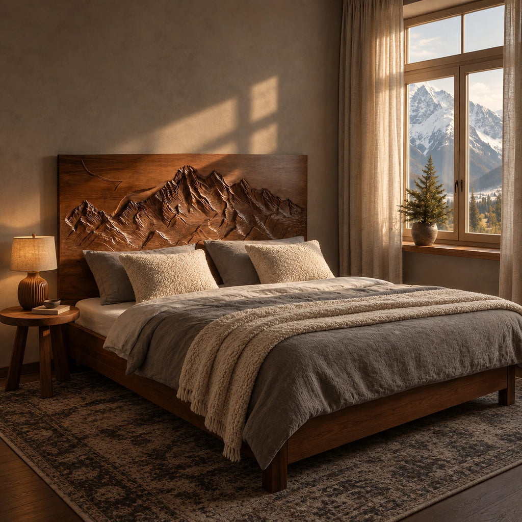 Alpine Wood Bed Frame With Carved Mountain Relief Headboard For Bedroom