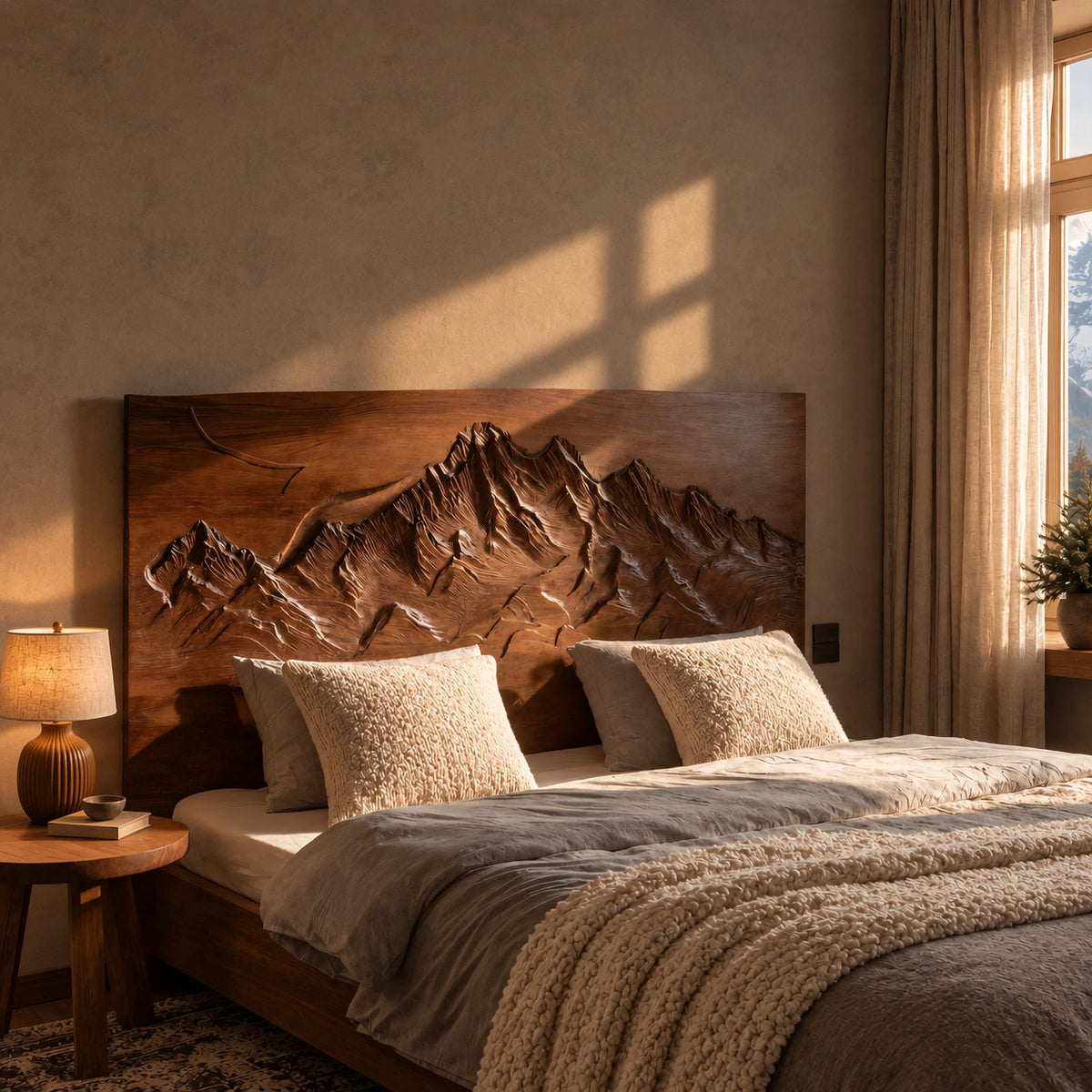 Alpine Wood Bed Frame With Carved Mountain Relief Headboard For Bedroom