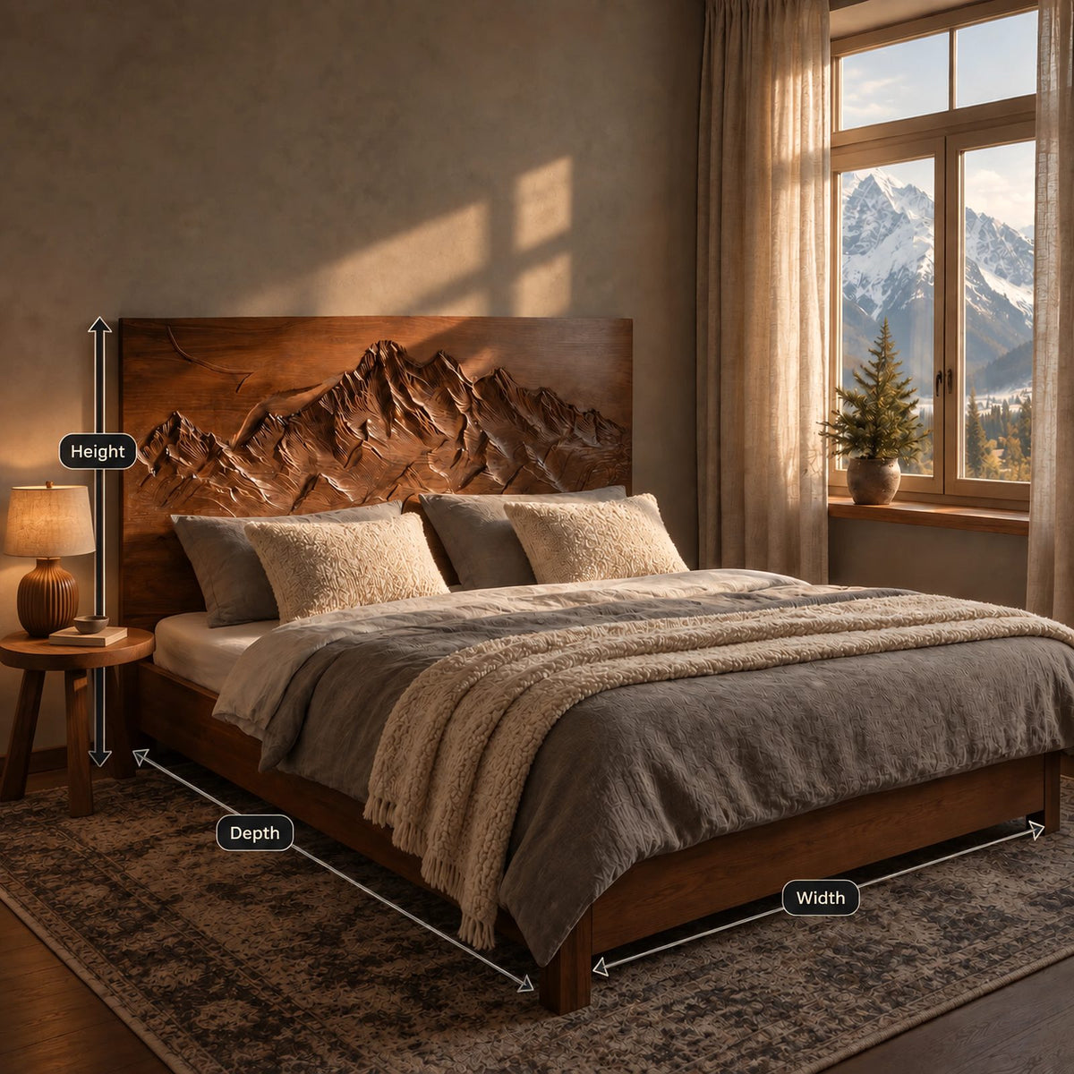 Alpine Wood Bed Frame With Carved Mountain Relief Headboard For Bedroom