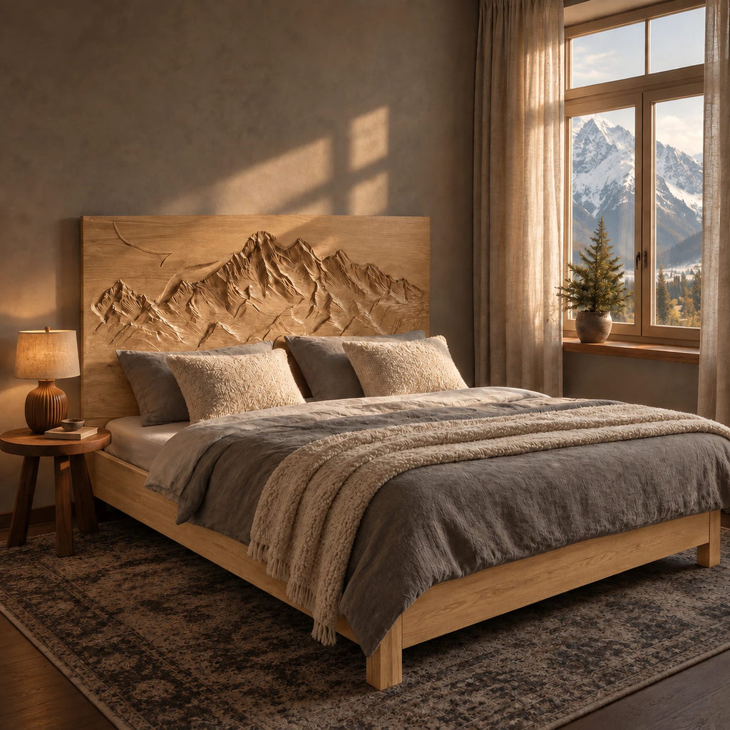 Alpine Wood Bed Frame With Carved Mountain Relief Headboard For Bedroom