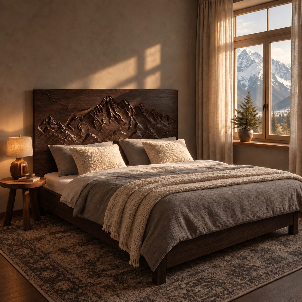 Alpine Wood Bed Frame With Carved Mountain Relief Headboard For Bedroom