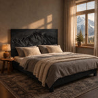Alpine Wood Bed Frame With Carved Mountain Relief Headboard For Bedroom